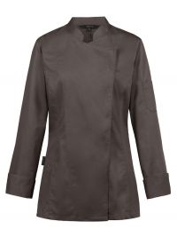 Kochjacke Damen Langarm Braun – strapazierfähige Arbeitsjacke mit verdeckter Druckknopfleiste, Lüftungslöchern und Armtasche für Gastronomie, Bäckerei und Catering